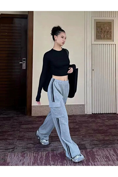 Bravebell Y2K Jogg بنطال رياضي رمادي مع جيب كارجو