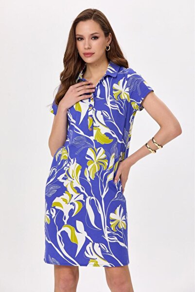 İKİLER Polo Yaka Önü Çıtçıtlı Desenli Elbise 025-4028