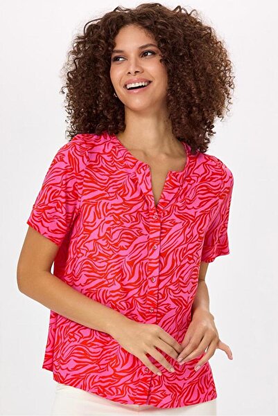 İKİLER Önü Düğmeli Kısa Kol Desenli Bluz 025-3007