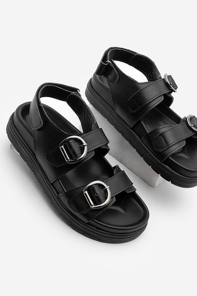 Marjin Riemchensandalen aus echtem Leder für Damen, schwarz, dicke Sohle und Klettverschluss hinten