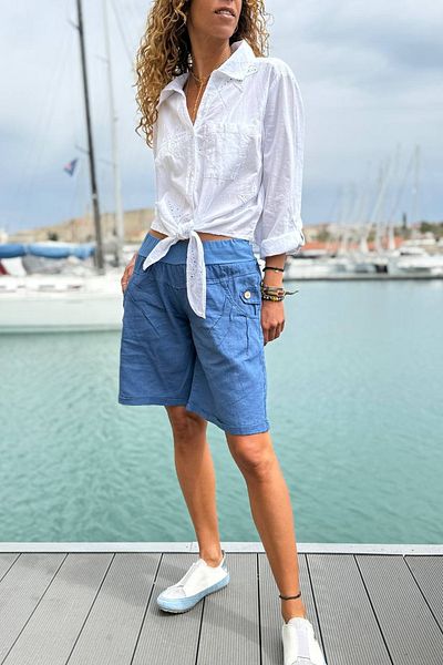 Güneşkızı Italian Indigo Pocket Ornamental Button Linen Elastic Waist Double Leg Woven Shorts 50 58