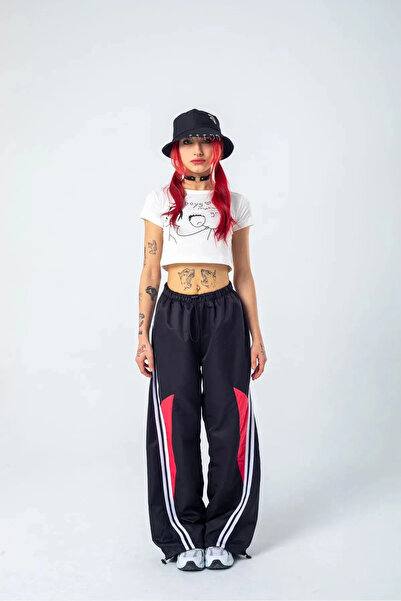 Bravebell Pantaloni de sport unisex din țesătură parașută Y2k roșu alb cu dun...