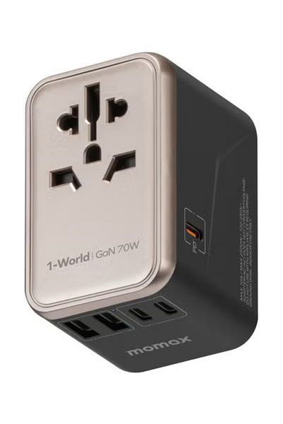 Momax UA8 1World 70W GaN 5 Ports+ Multi Plug Travel Adapter Multi Volt 100 250V USB-C/USB-A Titanium