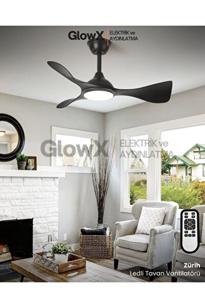 GlowX elektrik IŞIKLI TAVAN VANTİLATÖRÜ-AVİZE VANTİLATÖR-3 RENKLİ IŞIK (SİYAH)