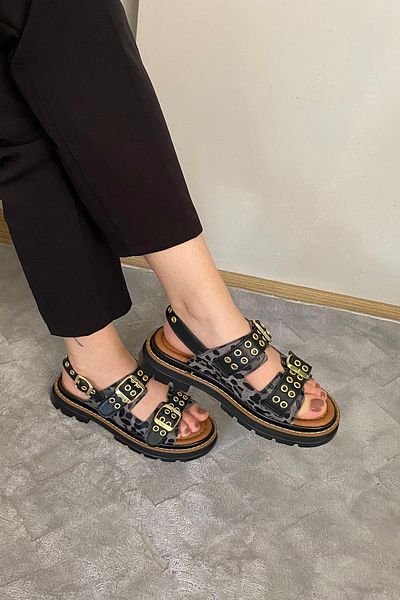 Preshley Sandale de damă cu cap de leopard negru Sandale ortopedice Kabsule cu curele duble de leopard negru