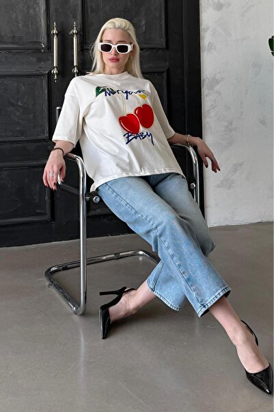 Madmext Ecru 100% βαμβακερό εμπριμέ γυναικείο μπλουζάκι Mg2380