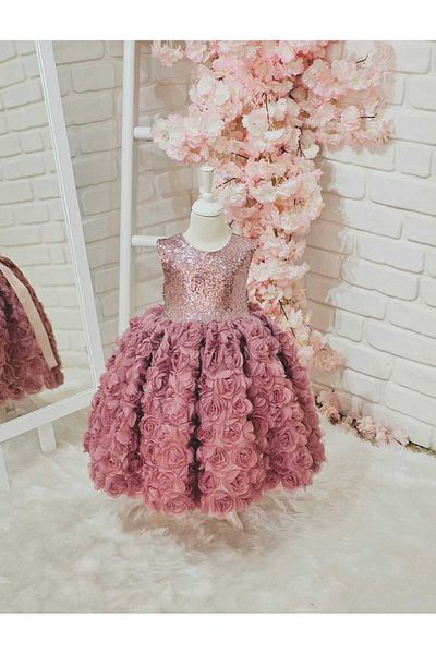 Hly Karol Tasarım Purple Roses Vintage Baby Girl Dress Birthday Dress, Photo Shooting Dress, Suitable for Ages 0-10