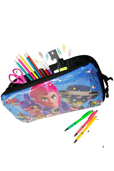 booddie Illustration with Pens - Zippered & Beaded Fabric Pencil Bag with Double Compartments