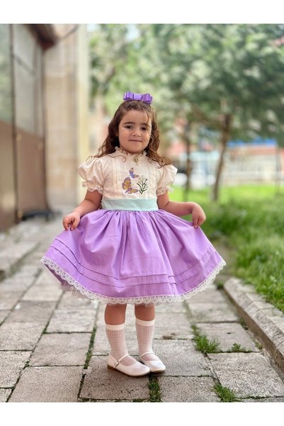 Hly Karol Tasarım Eustoma Lilac Vintage Baby Girl Dress, Birthday Dress, Photo Shoot Dress, Suitable for Ages 0-10