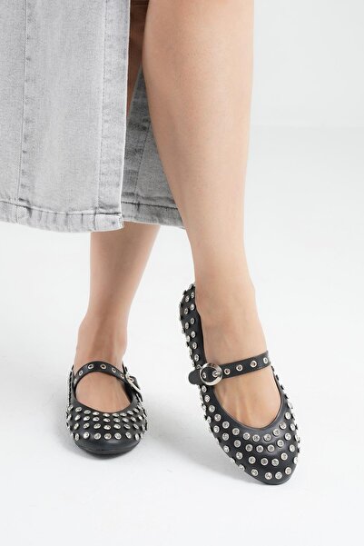 Beyond Women's Black Disco Stone Buckle Leather Ballerinas Bynddsc02