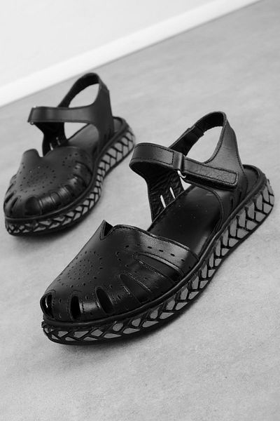 Lal Shoes & Bags Daisy Γυναικεία Γνήσιο Δερμάτινο Καφασωτό Λεπτομερή Σανδάλια Velcro Παπούτσια-μαύρο