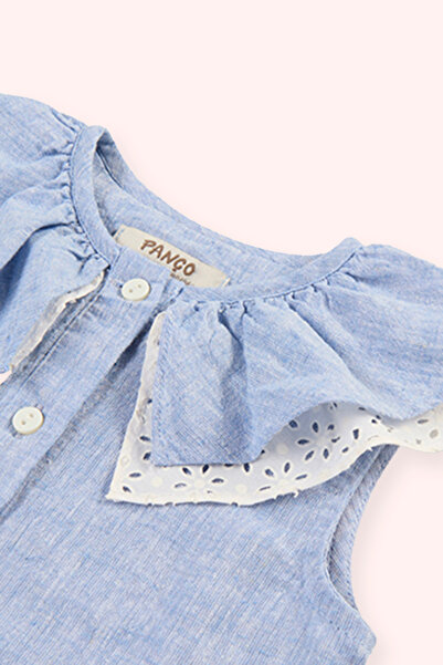 Panço Kız Bebek Yakası Volan Detaylı Mavi Gömlek