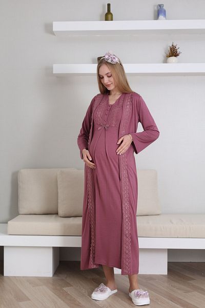 LOHOUSE Women's Cherry Lace Cotton Maternity Nightgown-Morning Gowns Set of 2