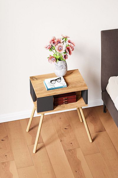 interGO Nightstand With Wooden Legs, Decorative - Atlantic Pine Pattern / Gray