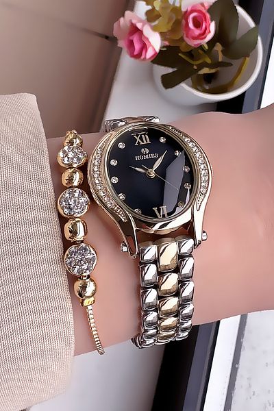 Homies Women's Oval Case Wristwatch Gold Silver Steel Band Hmby2050C3 Gift Bracelet