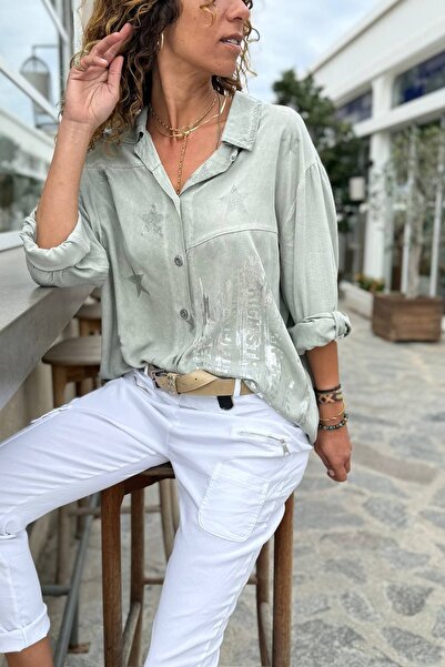 Güneşkızı Italian Khaki Long Sleeve Printed Soft Textured Loose Woven Shirt 77 64