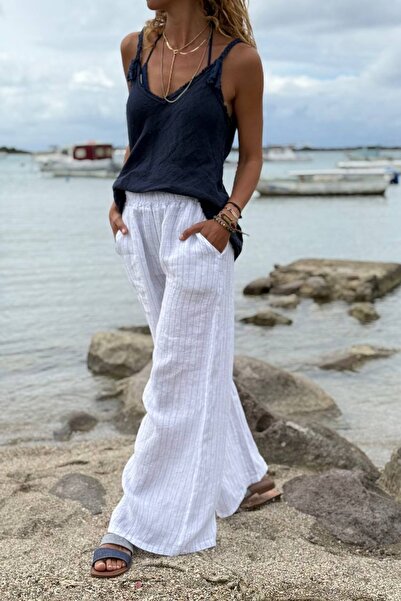 Güneşkızı Italian White Striped Elastic Waist Loose Wide Leg Linen Loose Woven Trousers with Pockets 100 64