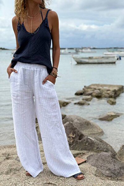 Güneşkızı Italian White Striped Elastic Waist Loose Wide Leg Linen Loose Woven Trousers with Pockets 100 64