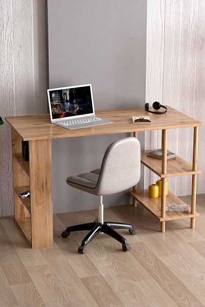 interGO Working Desk With 4 Shelves - Atlantic Pine Pattern