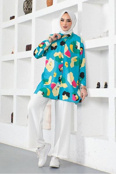 giyze Patterned Hijab Shirt Turquoise 8888