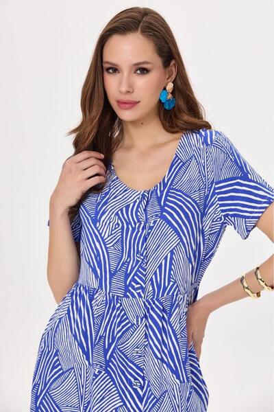 İKİLER Önü Düğmeli Kısa Kol Desenli Elbise 025-4012