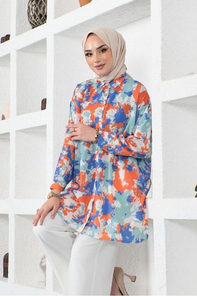 giyze Patterned Hijab Shirt Orange 8890