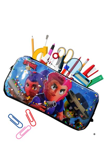 booddie Illustration with Pens - Zippered & Beaded Fabric Pencil Bag with Double Compartments