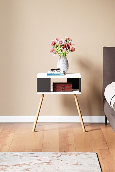 interGO Nightstand With Wooden Legs, Decorative - White / Gray