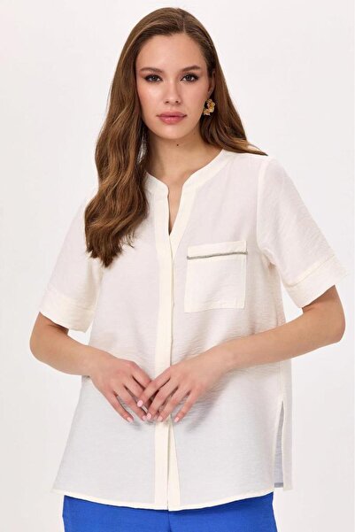 İKİLER Judge Collar Front Placket Pocket Detailed Blouse 025-3001