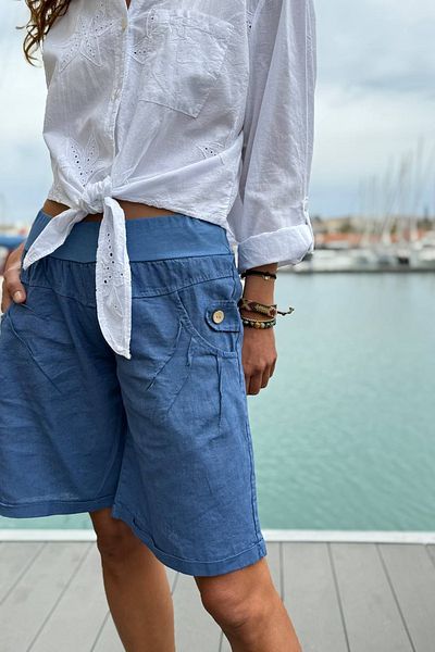 Güneşkızı Italian Indigo Pocket Ornamental Button Linen Elastic Waist Double Leg Woven Shorts 50 58