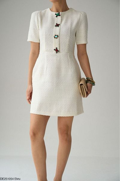 Lupies Women's Ecru Crew Neck Padded Tweed Stone Dress