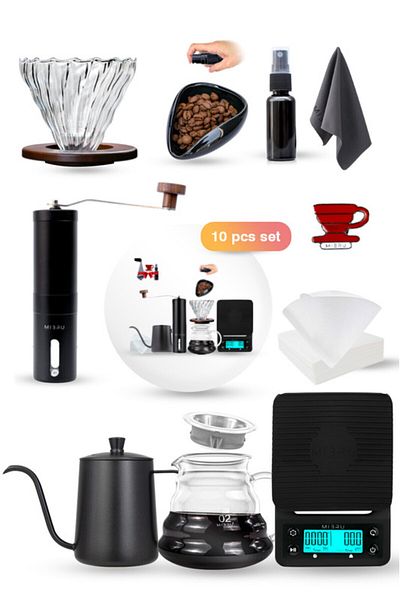 MIBRU V60 Coffee Maker Set 11 Pack Premium Pour Over Manual Coffee Tools With Manual Grinder Size 02 Set