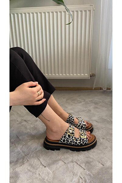 Preshley Sandale ortopedice pentru femei Firida, alb, leopard, cu bandă dublă, cu capsulă, cu talpă groasă, papuci K-100