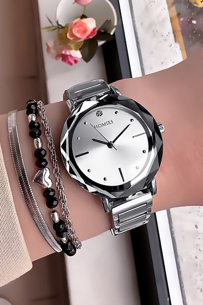 Homies Cutout Glass Women's Wristwatch, Silver Color Steel Band & Gift Bracelet