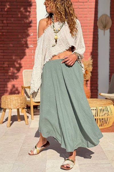 Güneşkızı Italian Khaki Elastic Waist Linen Woven Flared Skirt 90 80