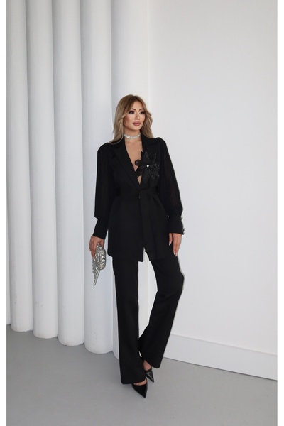 1Moda1Tarz Női importált atlasz szövet ujjú sifon redős rózsa részlet öves bélelt különleges kialakítású felső és alsó készlet