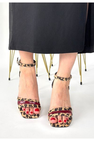 BESKAR Pantofi Lanja Leopard Suede Claret Roșu cu Detaliu din Piele Lacuată