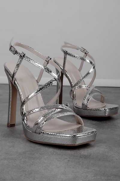 Lal Shoes & Bags Pantofi cu toc înalt Caseta pentru femei, cu curele la gleznă, argintiu