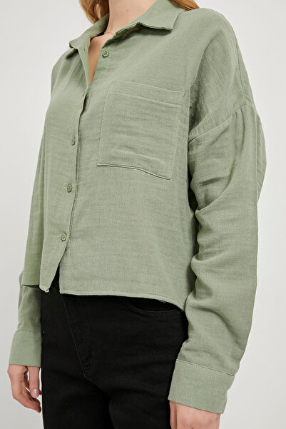 Arma Life Women's Loose Pocket Muslin Long Sleeve Green Shirt