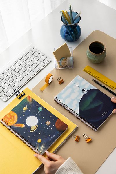 PAPERORA A5 Spiral Cardboard Cover Set of 2 Ruled School Notebook 80 Sheets, Galaxy with Lesson Schedule