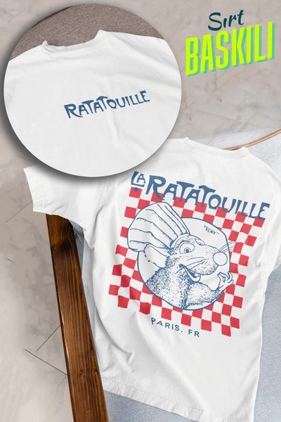 Alice Butik Aşçı Fare Ratatuy Ratatouille Paris Sırt Baskılı Oversize Unisex Beyaz T-Shirt