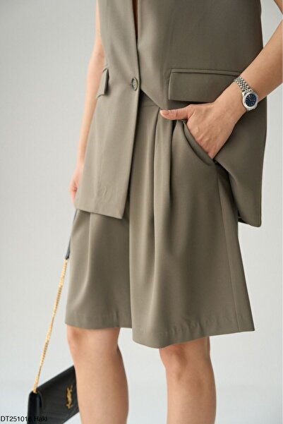 Lupies Women's Khaki Oversize Vest-Shorts 2-Piece Set