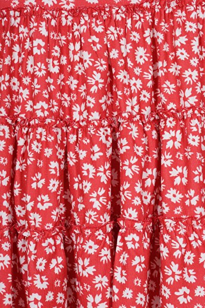 zepkids Crew Neck Floral Patterned Red Color Girl's Dress with Hat Accessories