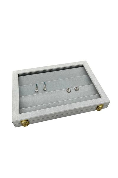 MeGass Dekor New Domestic Production Glass Cover Suede Fabric Gray Color 34 cm / 24 cm Earring Display Stand
