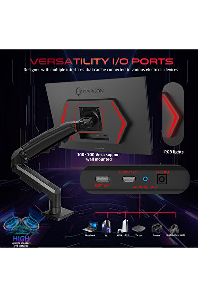 GAMEON شاشة ألعاب GOM27FHD190IPSX مقاس 27 بوصة، بدقة 1920x1080 بكسل FHD، وسرعة 190 هرتز IPS، ووقت استجابة 0.5 مللي ثانية مع حامل - أسود