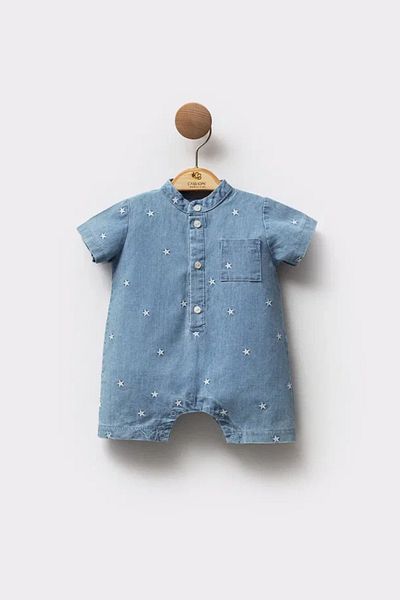 Cassiope Denim Fabric Starry Embroidery Embroidered Front Buttoned Short Sleeve Summer Baby Boy Jumpsuit