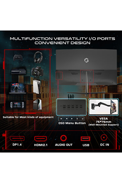 GAMEON شاشة ألعاب GOC27F180VA منحنية مقاس 27 بوصة، بدقة FHD VA، ودقة 1920×1080، وتردد 180 هرتز، ووقت استجابة 0.5 مللي ثانية، ومنفذ HDMI 2.1، لون أسود