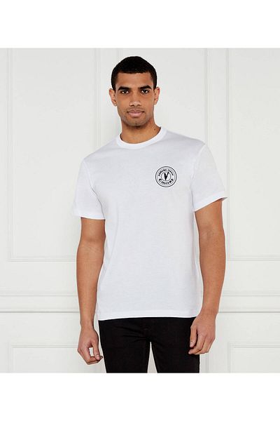Versace تي شيرت أبيض بأكمام قصيرة وياقة دائرية للرجال مع نص ونمط 78gahe07cj00e-003