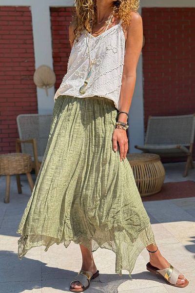 Güneşkızı Khaki Layered Elastic Waist Wrapped Woven Flared Skirt 70 30