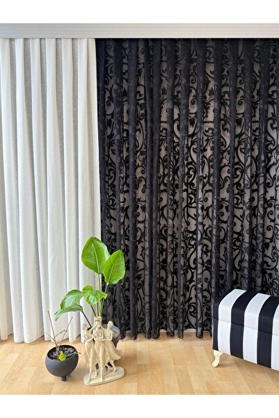 Carrera SİYAH DAMASK DESENli TÜL PERDE